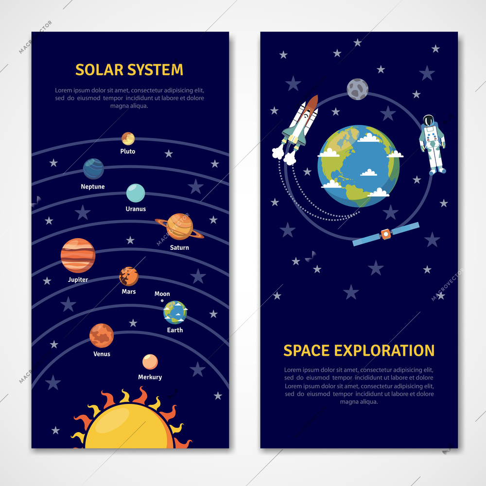 Solar system and space exploration concept isolated banners flat vector illustration