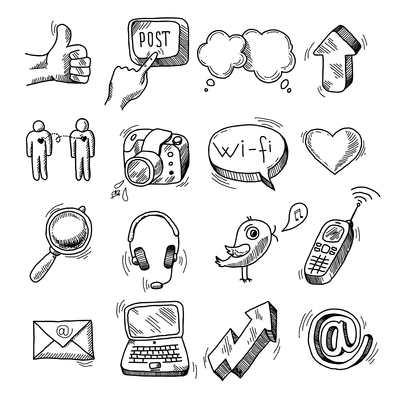 Doodle social icons set of network blogger media marketing isolated vector illustration