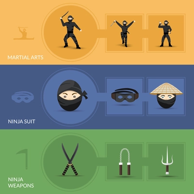 Ninja horizontal banners set with suit weapon and martial arts elements isolated vector illustration