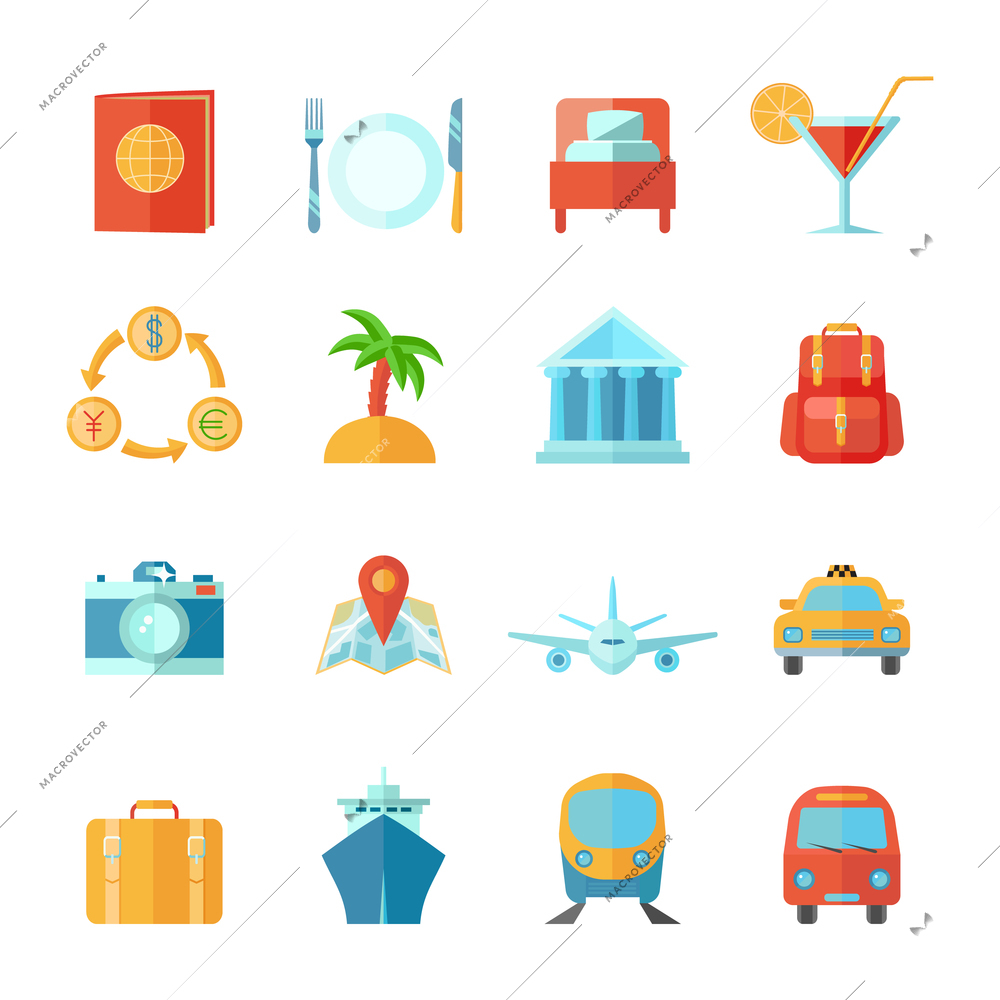 Travel and tourism icon flat set wth passport cocktail baggage landmark isolated vector illustration