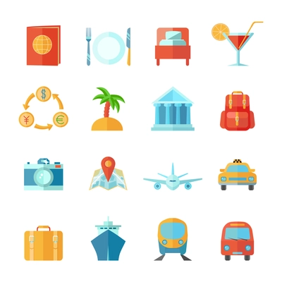 Travel and tourism icon flat set wth passport cocktail baggage landmark isolated vector illustration