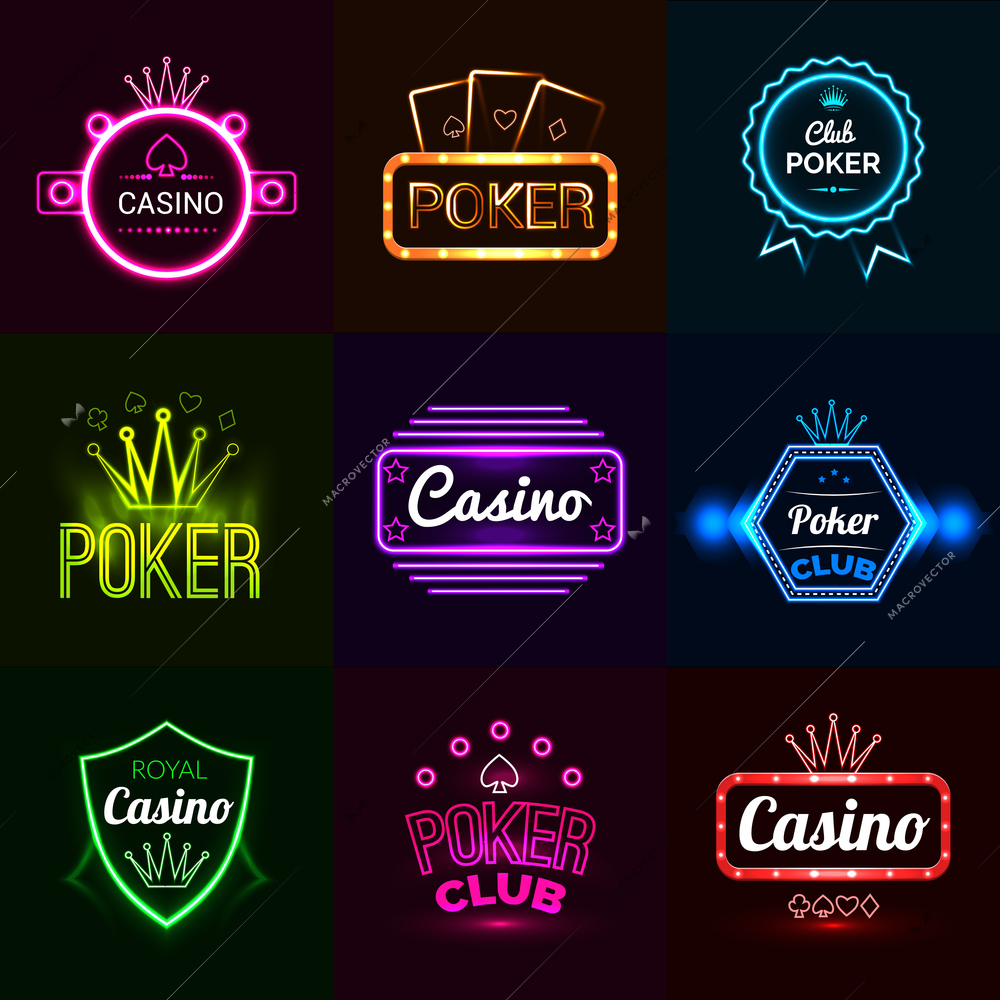 Neon light poker club and casino emblems set isolated vector illustration