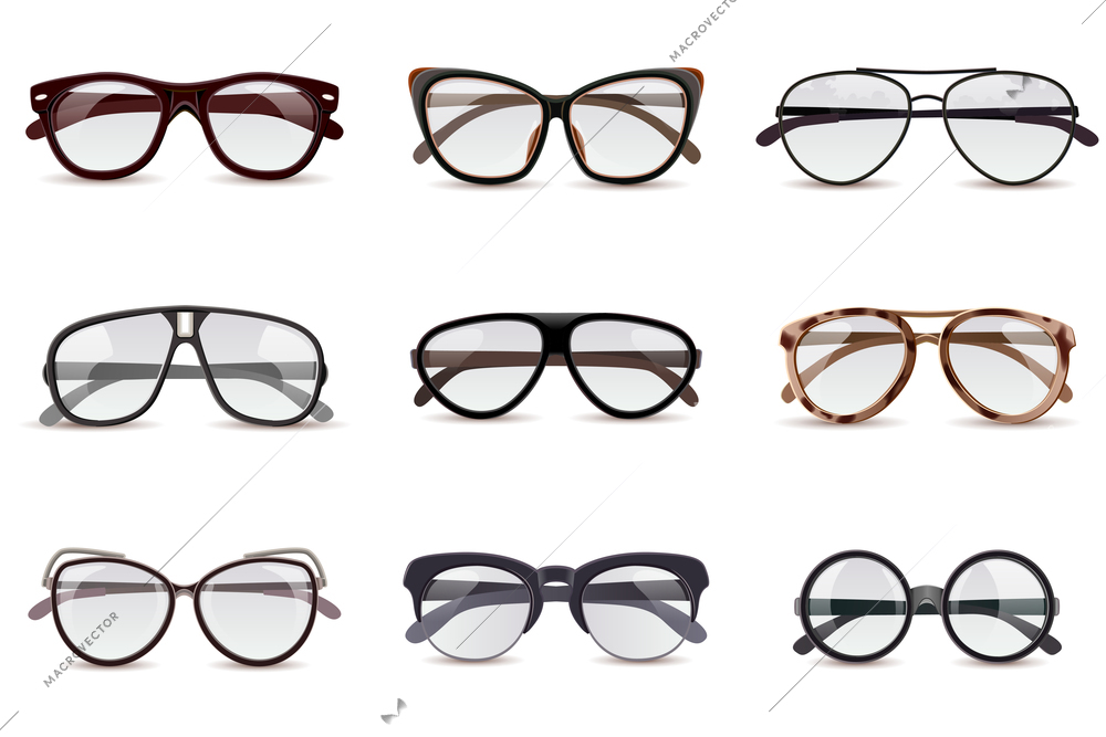 Realistic modern fashion eyeglasses assortment decorative icons set isolated vector illustration