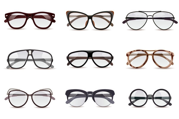 Realistic modern fashion eyeglasses assortment decorative icons set isolated vector illustration