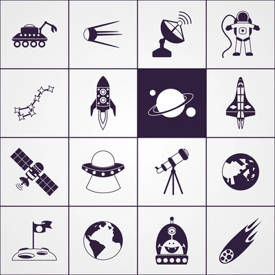 Space and astronomy science technologies icons black set isolated vector illustration