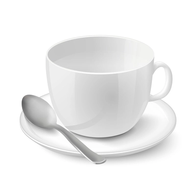 Side view on realistic empty white cup with saucer and chrome spoon isolated vector illustration