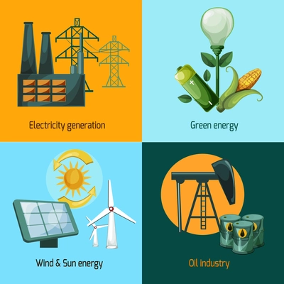 Energy design concept set with electricity generation green wind and sun oil industry icons isolated vector illustration