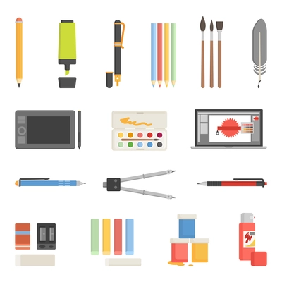 Painter and graphic designer drawing tools icons flat set isolated vector illustration