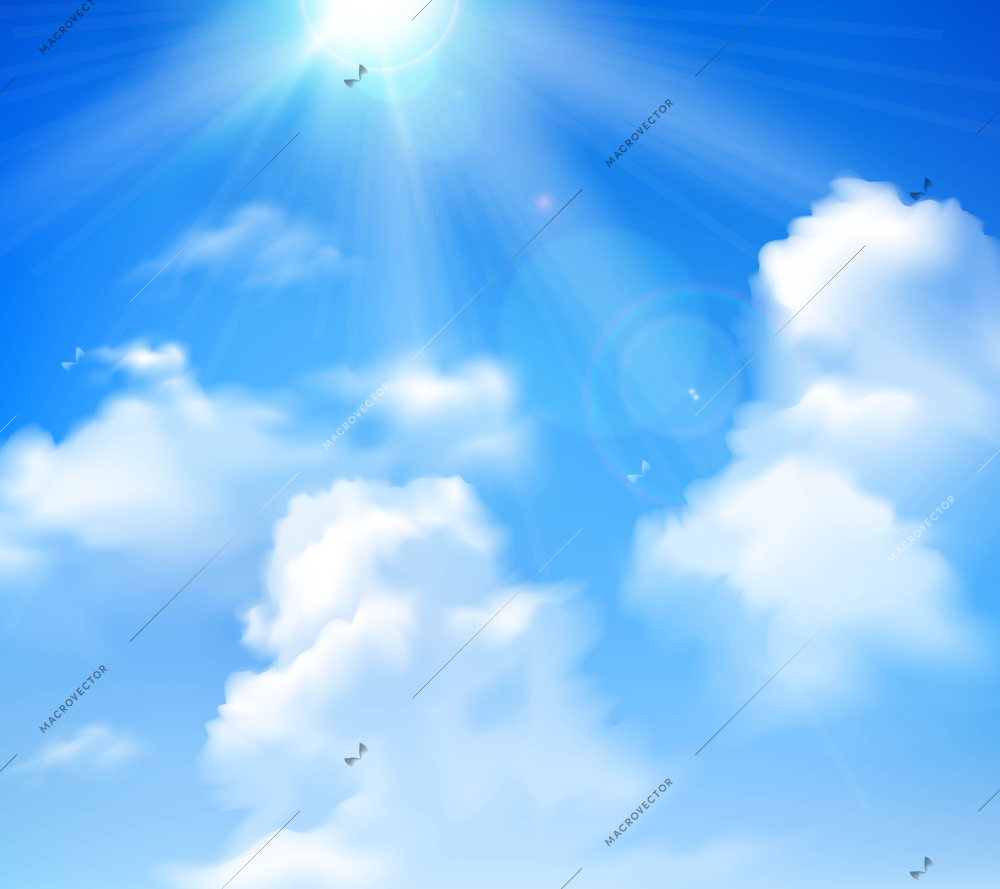 Sun shining in blue sky with white clouds realistic background vector illustration