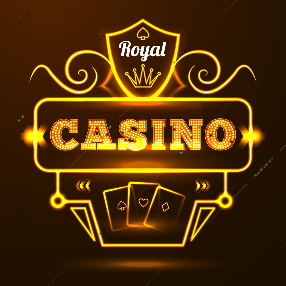 Gold neon light illuminated sign casino entrance with cards and crown elements vector illustration