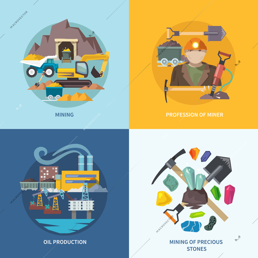 Mining design concept set with profession of miner oil production precious stones flat icons isolated vector illustration