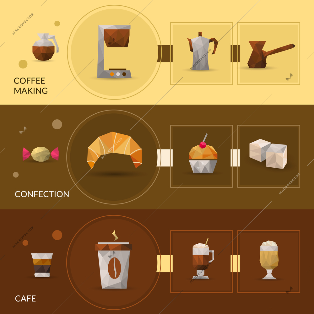 Coffee making and confectionery polygonal horizontal banner set isolated vector illustration