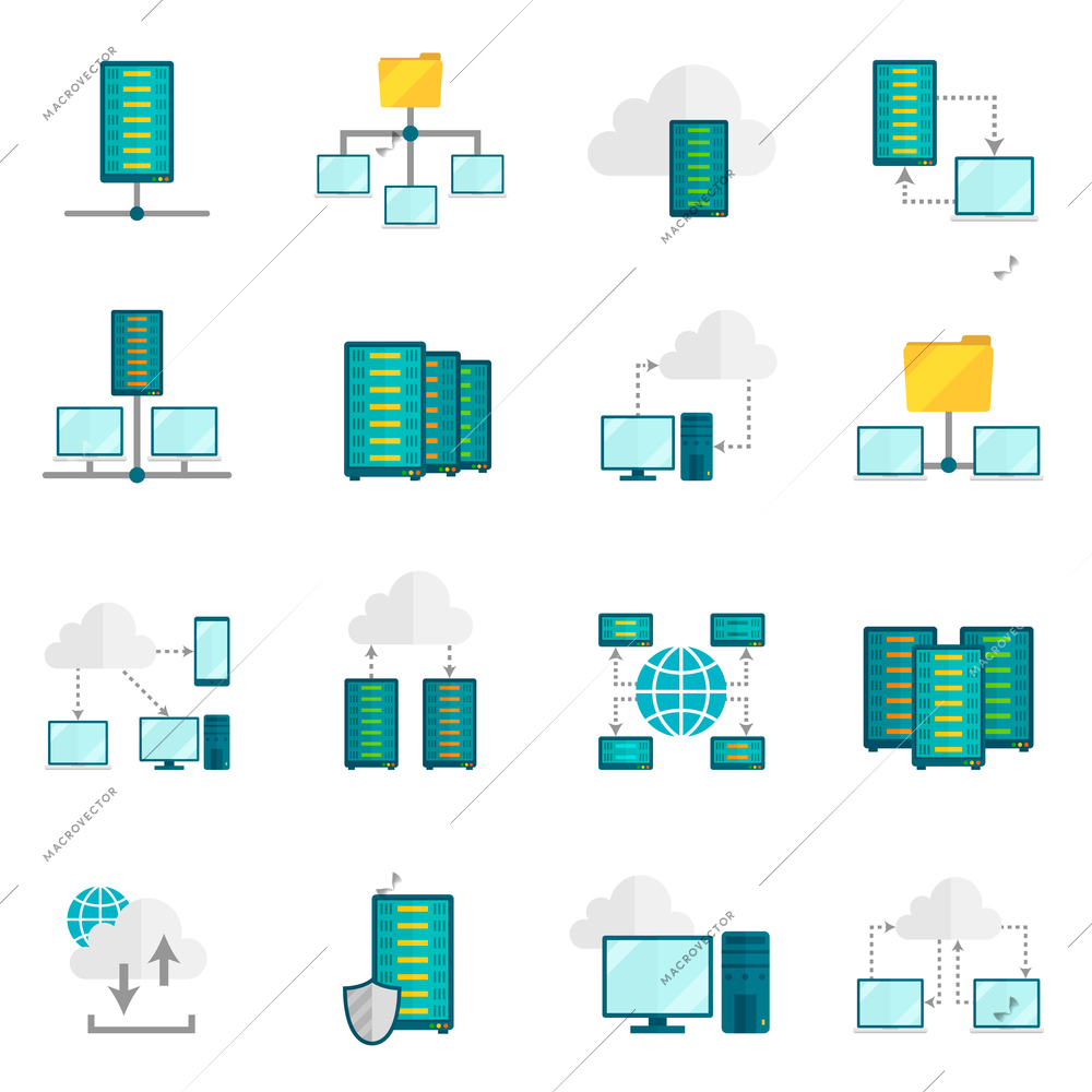 File hosting internet service secure access for computer tablet phone flat icons set abstract isolated vector illustration