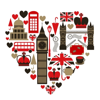 Love London heart symbol with icons set isolated vector illustration