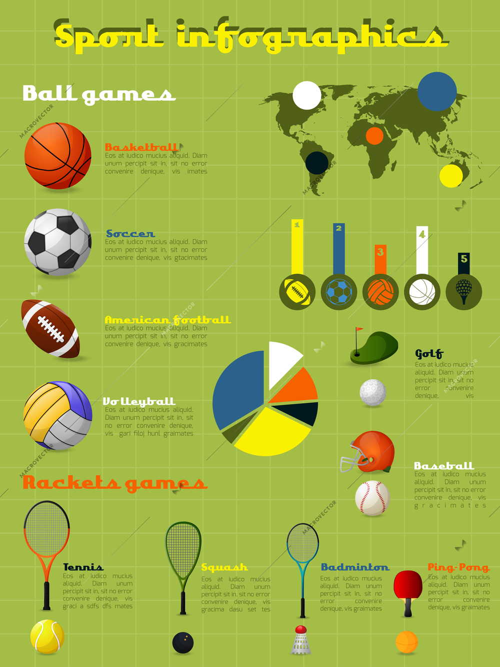 Sports infographics set with game balls and equipment and charts vector illustration