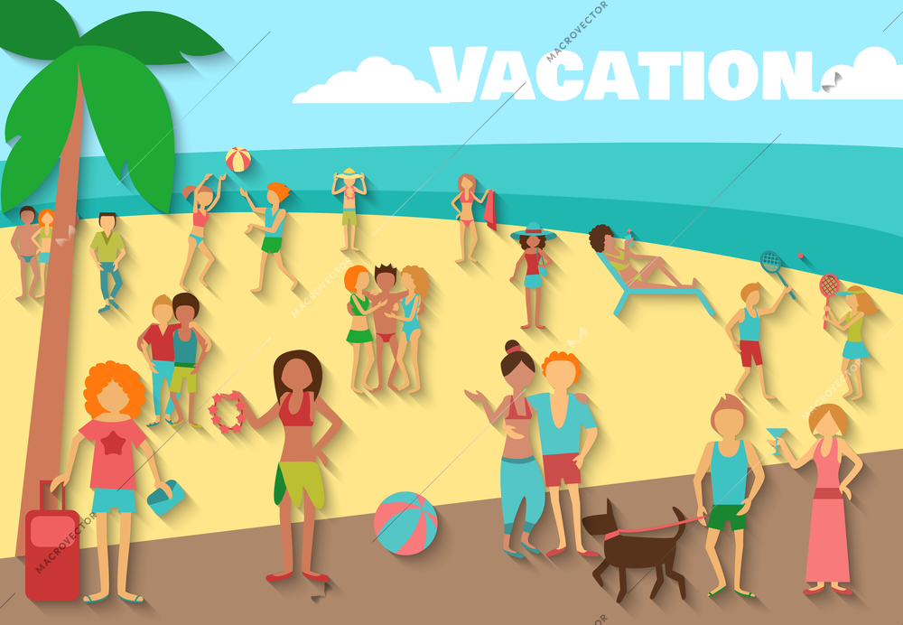 People on beach summer sea vacations activity background vector illustration