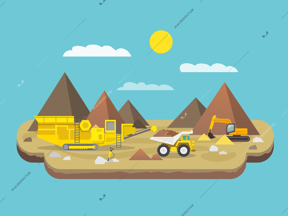 Quarry flat poster with excavator and industrial machinery on mountain background vector illustration