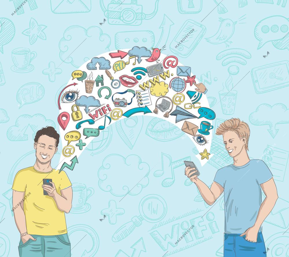 Social network activity poster with sketch communication icons and smiling men vector illustration