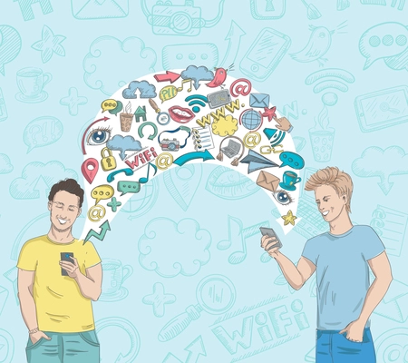 Social network activity poster with sketch communication icons and smiling men vector illustration