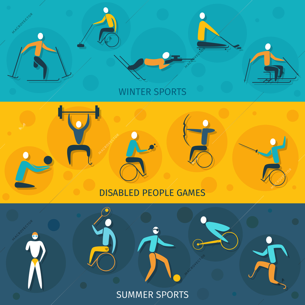 Disabled sports banners set isolated with winter and summer games elements isolated vector illustration