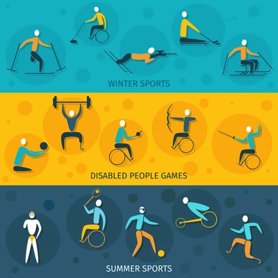 Disabled sports banners set isolated with winter and summer games elements isolated vector illustration