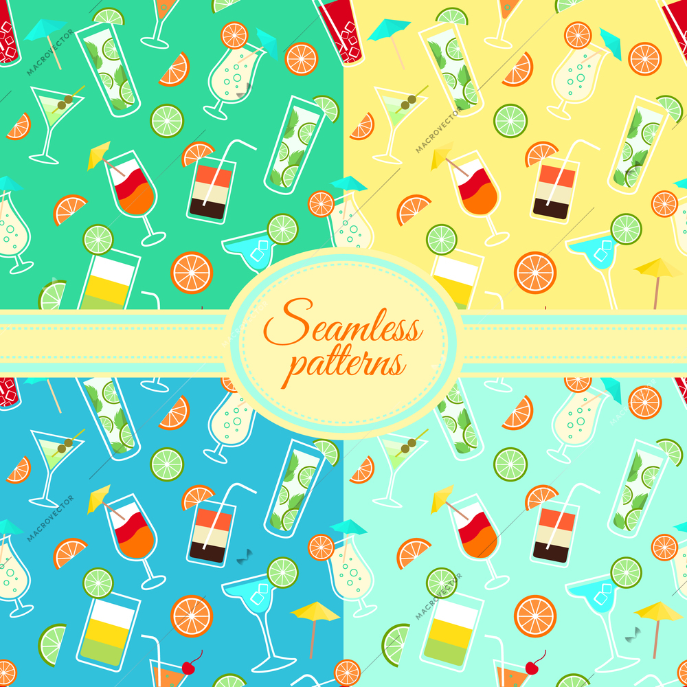 Collection of seamless patterns with alcohol cocktail drinks of martini margarita tequila vodka vector illustration