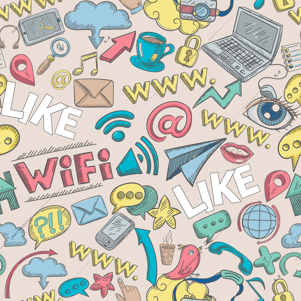 Social media seamless pattern with sketch communication signs vector illustration