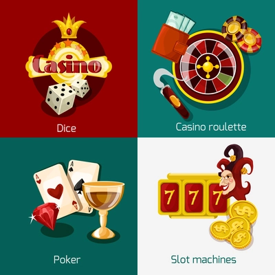 Casino design concept set with dice roulette poker slot machine icons isolated vector illustration