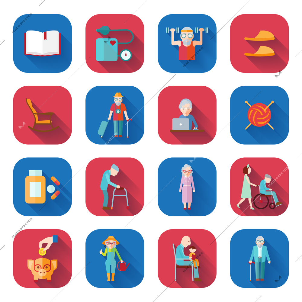 Senior lifestyle flat icons set with walker pills wheelchair isolated vector illustration