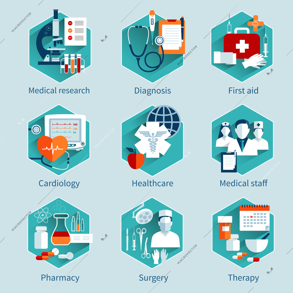 Medical concepts set with research diagnosis first aid icons isolated vector illustration