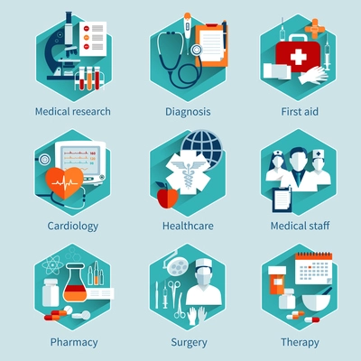 Medical concepts set with research diagnosis first aid icons isolated vector illustration