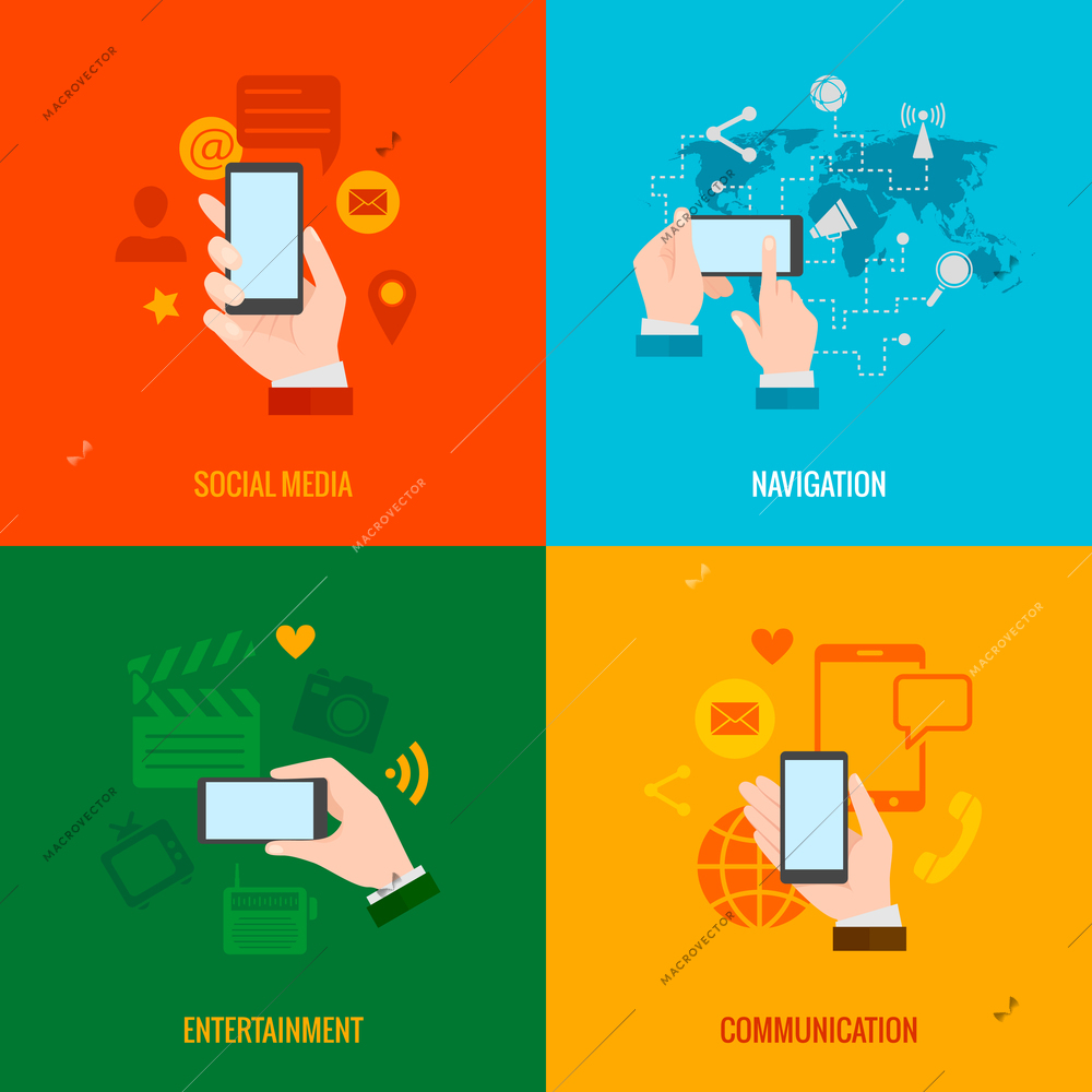 Mobile hand phone navigation social networking and multimedia entertainment 4 flat icons set abstract isolated vector illustration