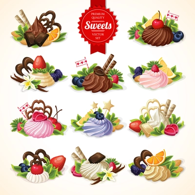 Big decorative sweets dessert food set with chocolate berry and vanilla cream vector illustration