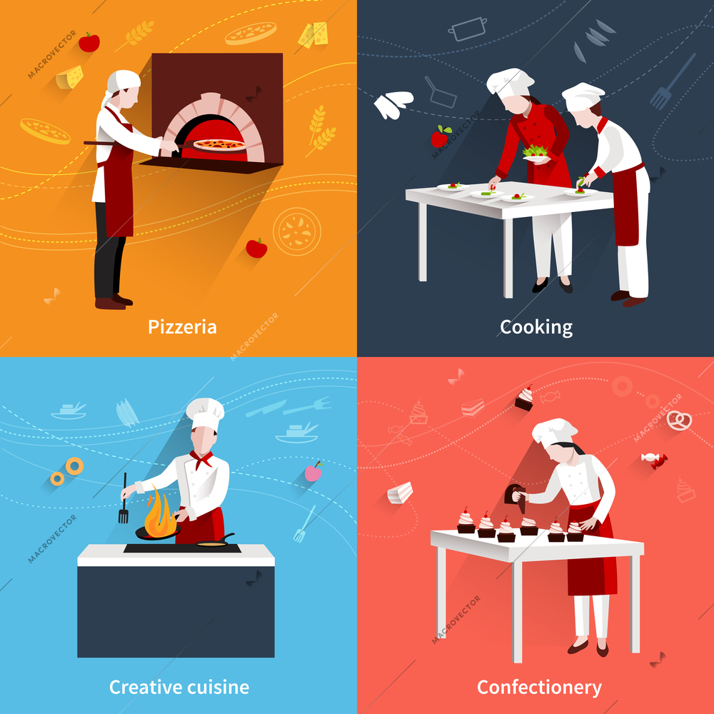 Cooking design concept set with pizzeria creative cuisine and confectionery flat icons isolated vector illustration