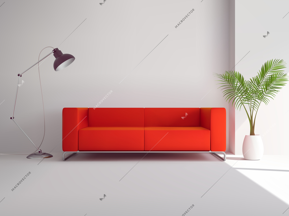 Realistic red sofa with floor lamp and palm tree in pot interior vector illustration