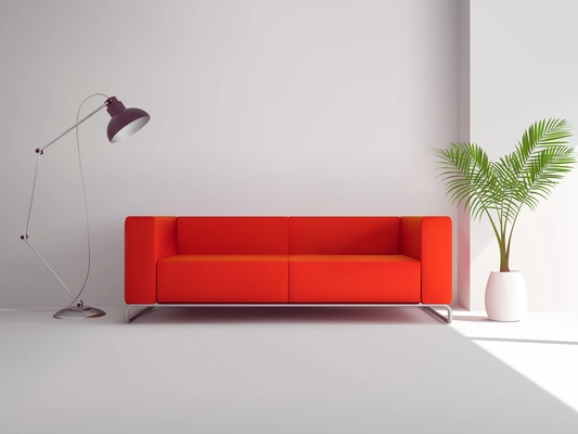 Realistic red sofa with floor lamp and palm tree in pot interior vector illustration