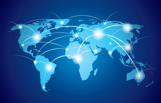 World map with global technology or social connection network with nodes and links vector illustration