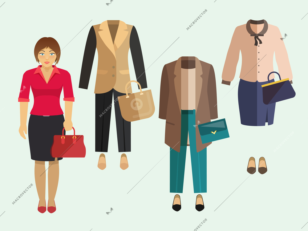 Business woman clothe collection decorative icons set isolated vector illustration