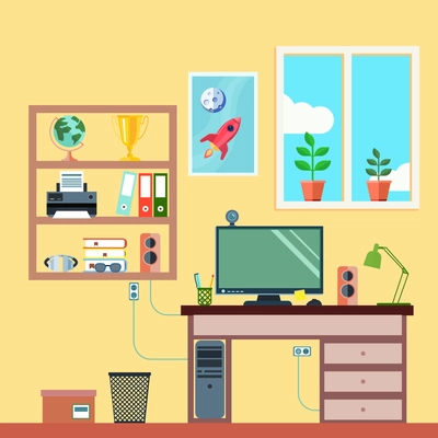 Student or freelance worker workspace in room interior flat vector illustration