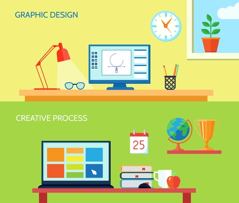 Graphic designer workspace horizontal banner set with creative process interior elements isolated vector illustration