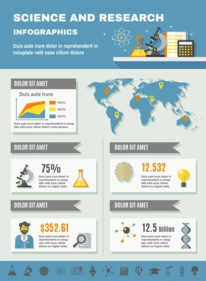 Science and research infographics with laboratory experiment symbols charts and world map vector illustration