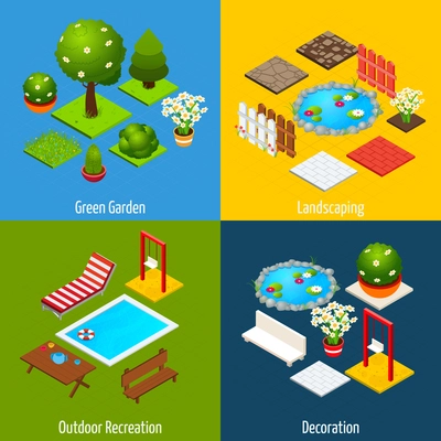 Landscape design concept set with green garden outdoor recreation and decoration isometric icons isolated vector illustration