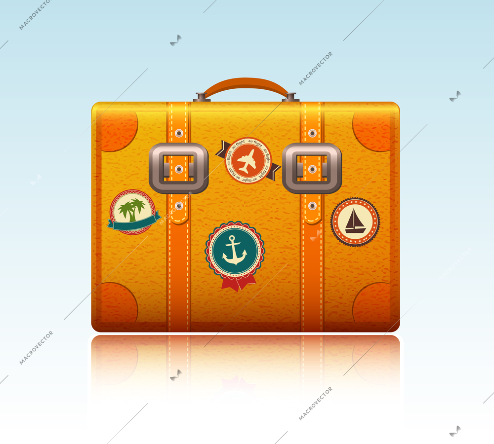 Travel suitcase with stickers isolated vector illustration