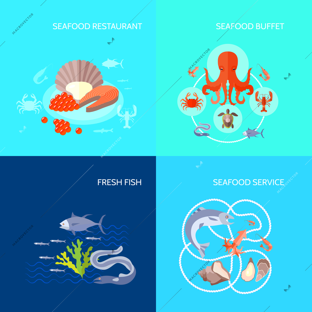 Sea food design concept set with fresh fish buffet and restaurant flat icons isolated vector illustration