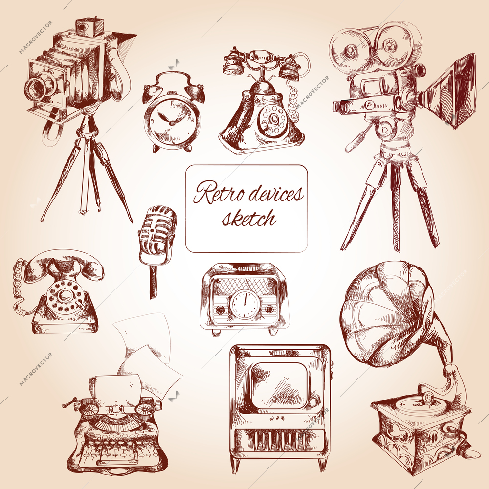 Retro devices decorative icons sketch set with film camera telephone typing machine isolated vector illustration