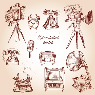 Retro devices decorative icons sketch set with film camera telephone typing machine isolated vector illustration