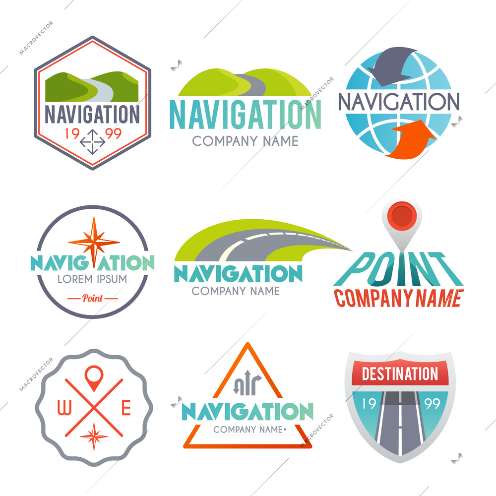 Navigation and gps auto map system label set isolated vector illustration