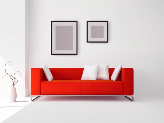 Realistic red sofa with white pillows and frames and pot with plant vector illustration