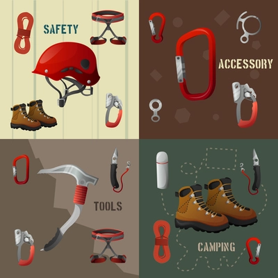 Mountains peaks climbing 4 flat icons composition poster with camping safety accessories tools abstract isolated vector illustrations