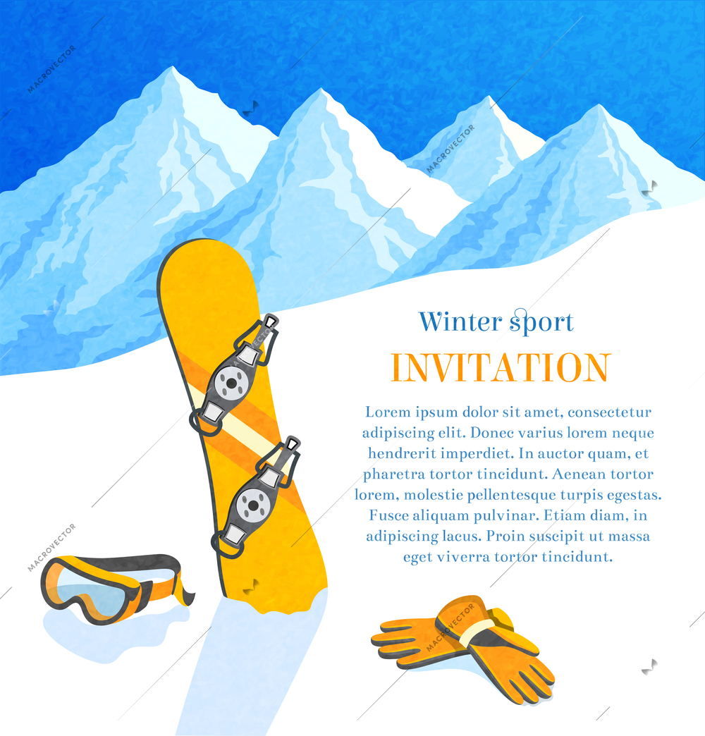 Snowboard winter mountain landscape retro invitation card frame vector illustration